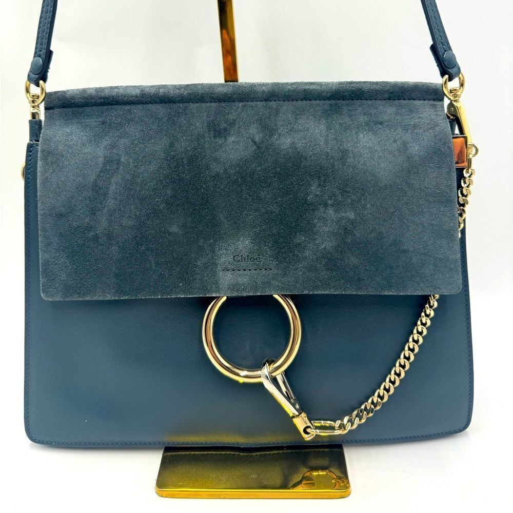 Auth Chloe Medium Cloudy Blue Calfskin Suede Leather Faye Shoulder Bag Clutch